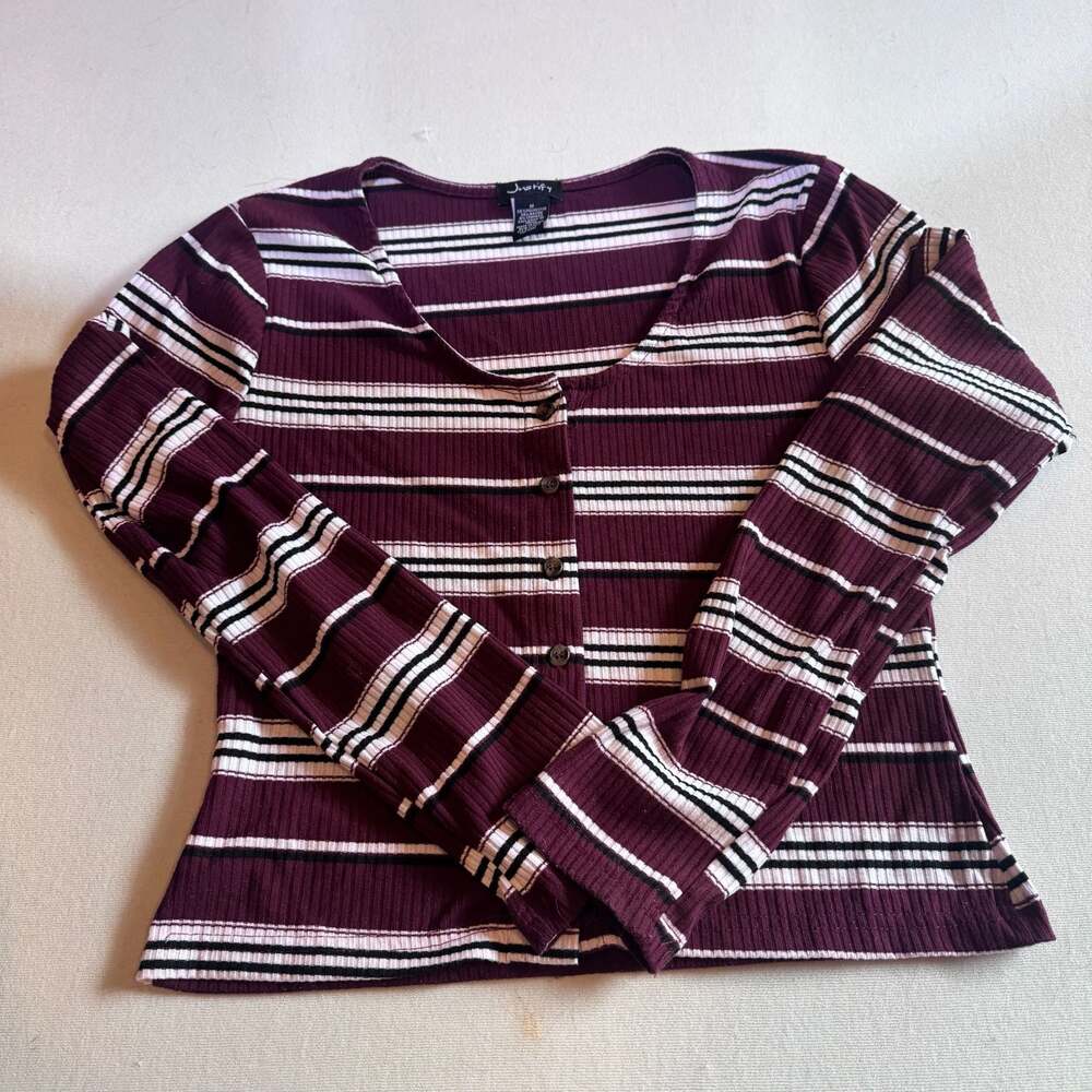 Justify Women's Long Sleeve Button-Down Ribbed Striped Top